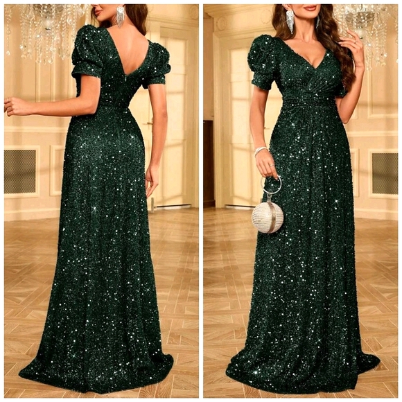Boutique Dresses & Skirts - NEW Glam Sequin Ruched Top Puffed Short Sleeve Maxi Gown Dress Dark Green